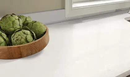 Image of installed Q Quartz Perla White White Quartz countertops