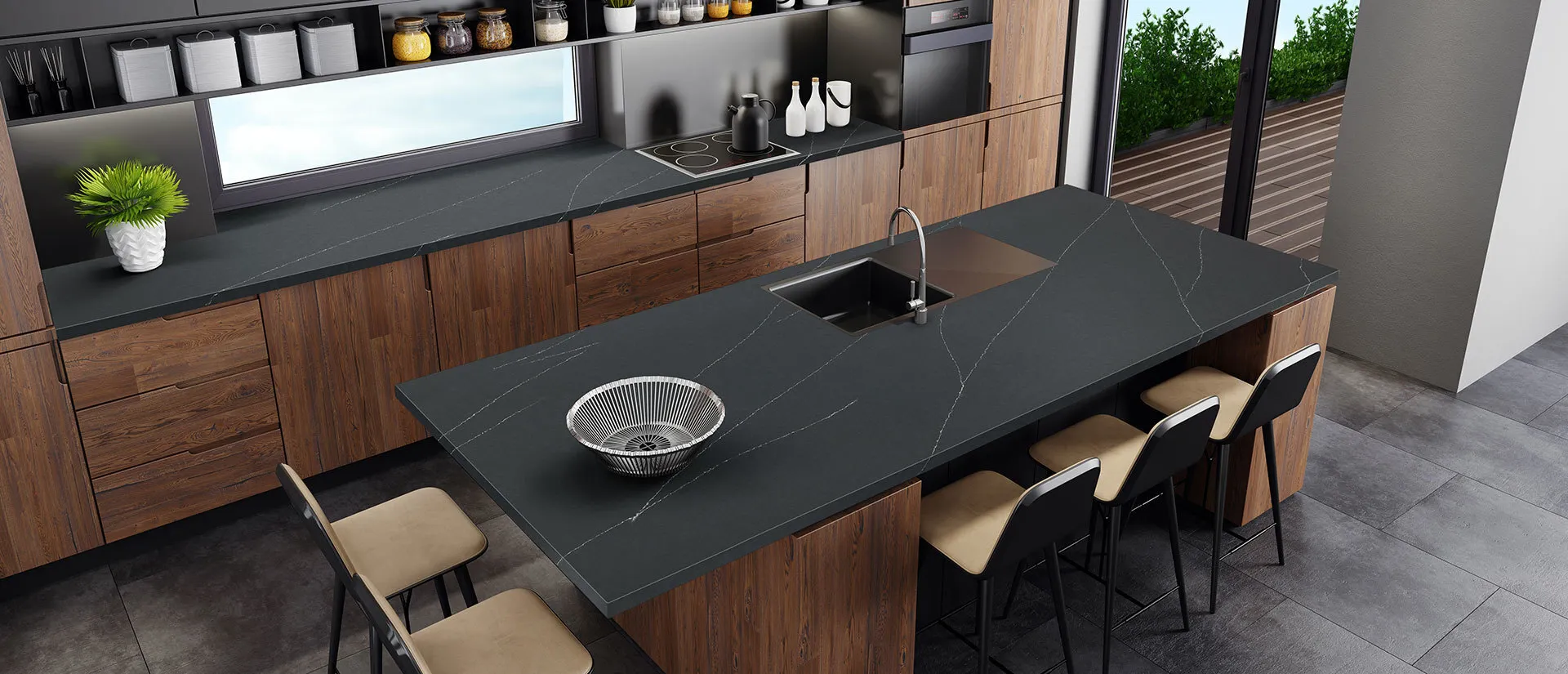 Image of installed Q Quartz Soapstone Metropolis Grey Quartz countertops