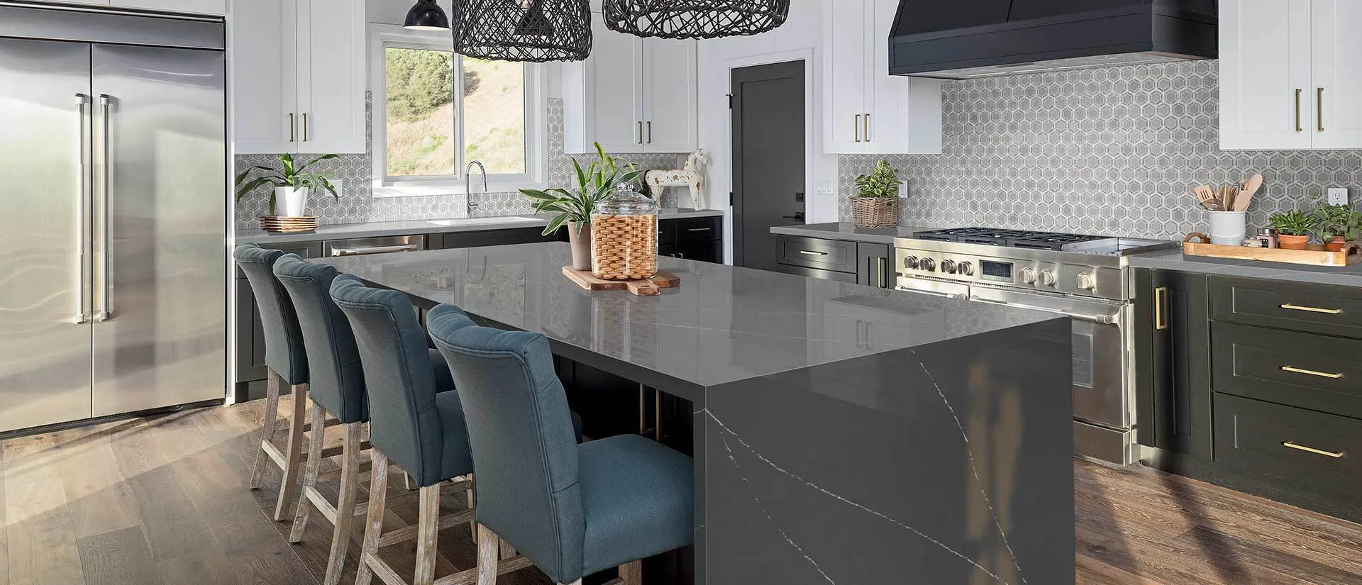 Image of installed Q Quartz Soapstone Metropolis Grey Quartz countertops