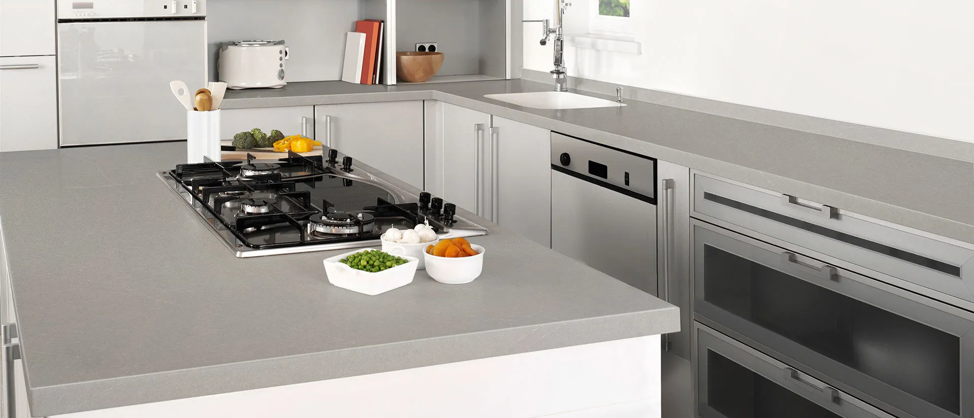 Image of installed Q Quartz Soapstone Mist Quartz countertops