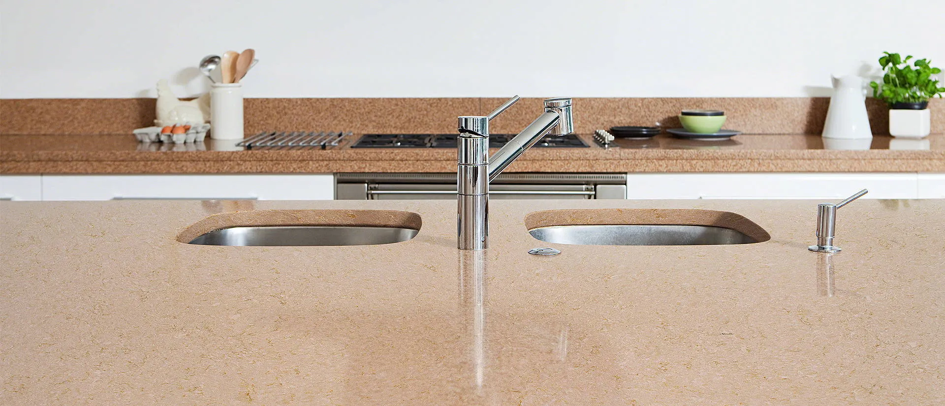 Image of installed Q Quartz Solare Quartz countertops