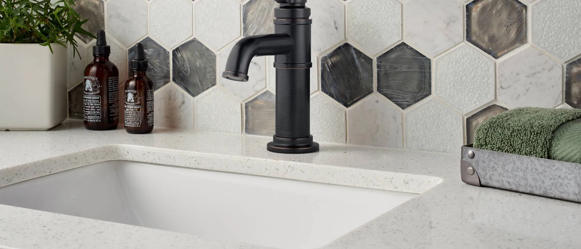 Image of installed Q Quartz Sparkling White Quartz countertops