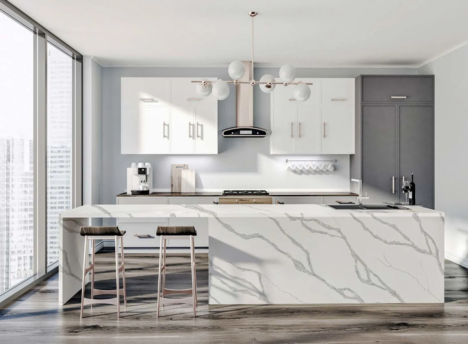 Image of installed Silestone Bianco Calacatta White Quartz countertops