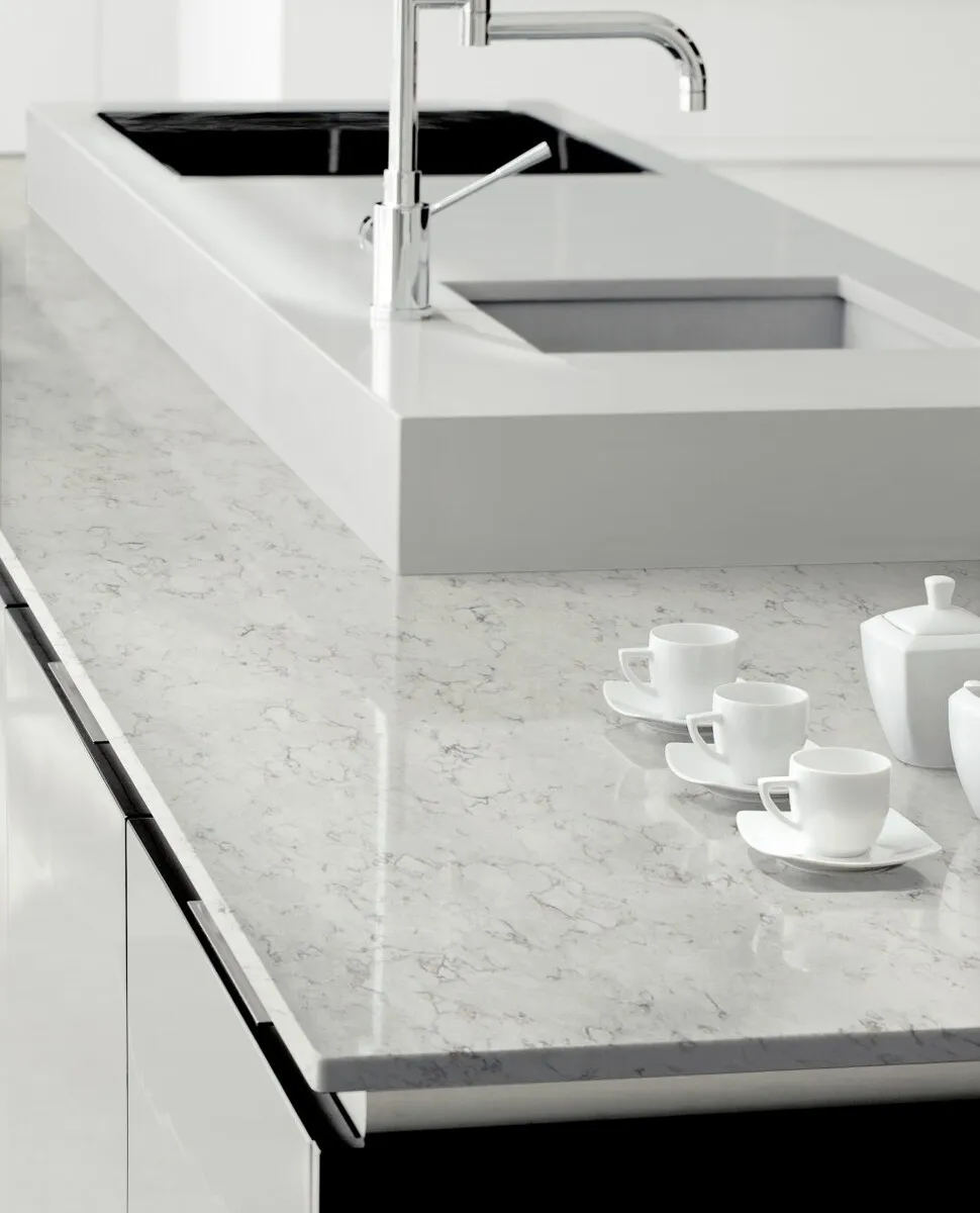 Image of installed Silestone Blanco Orion White Quartz countertops
