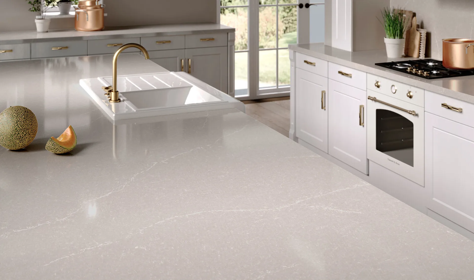 Image of installed Silestone Desert Silver Quartz countertops
