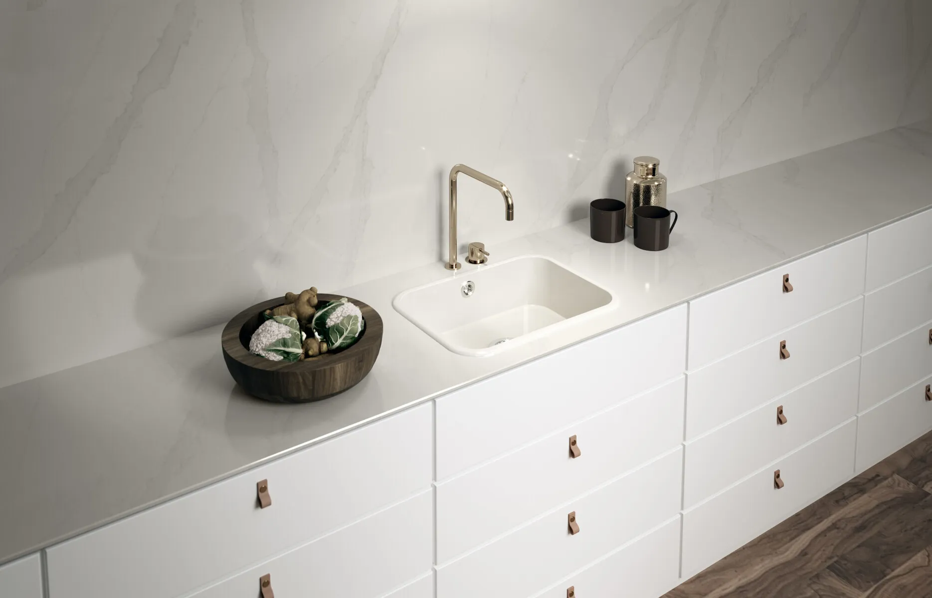 Image of installed Silestone Eternal Calacatta Gold White Quartz countertops