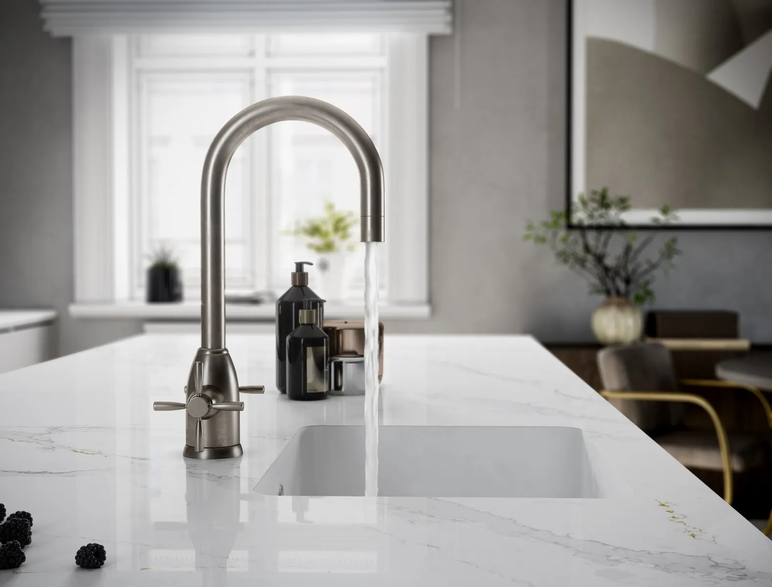 Image of installed Silestone Eternal Calacatta Gold White Quartz countertops
