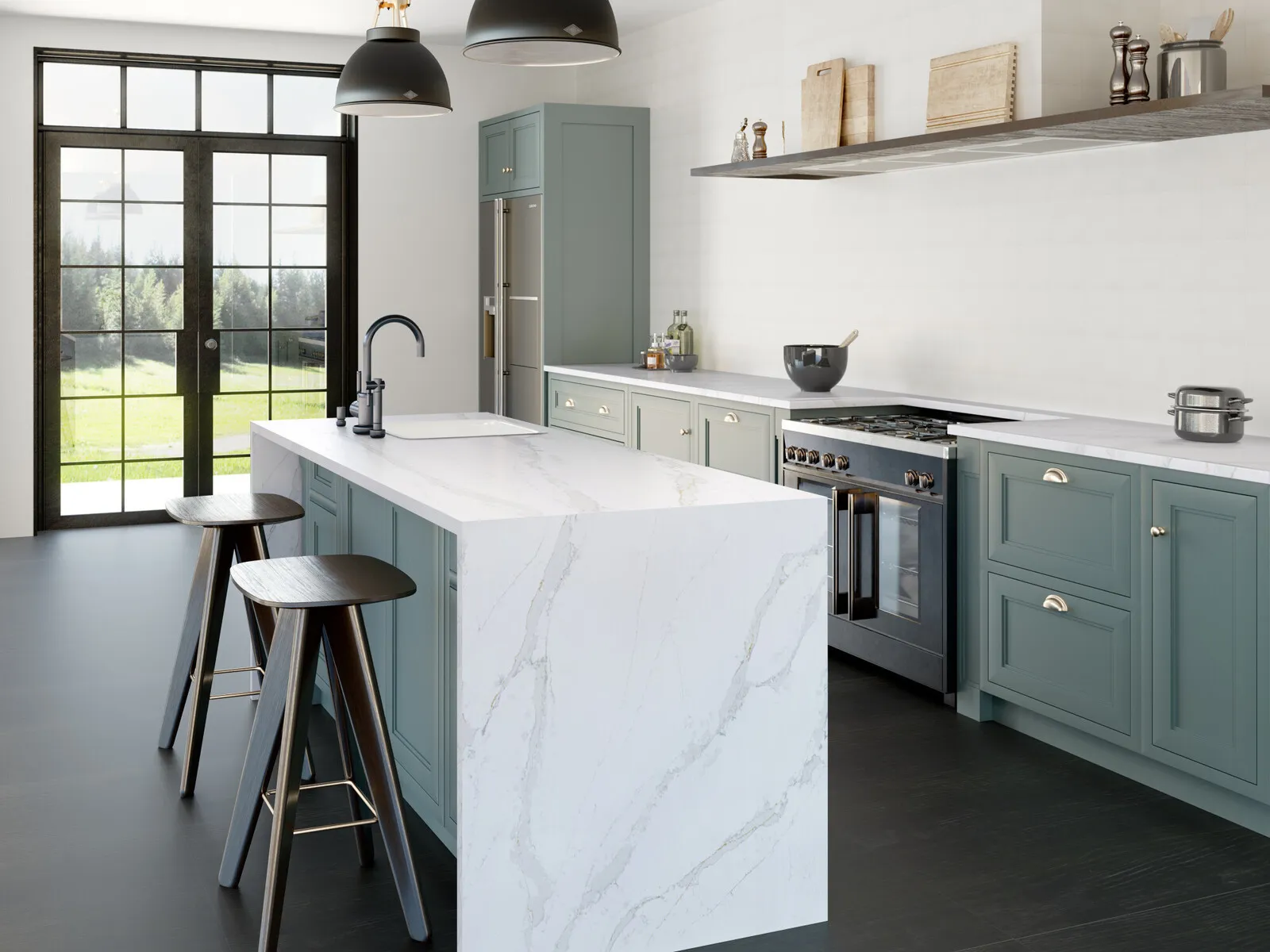 Image of installed Silestone Eternal Calacatta Gold White Quartz countertops