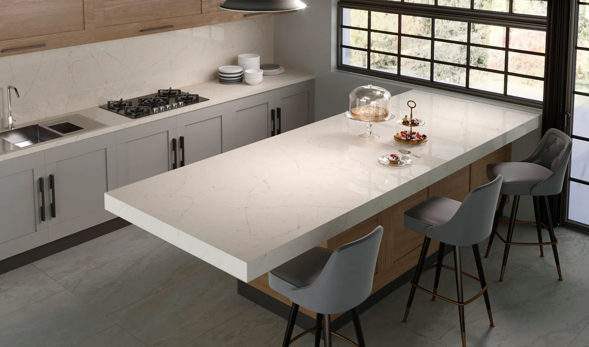 Image of installed Silestone Eternal Marfil Brown Quartz countertops
