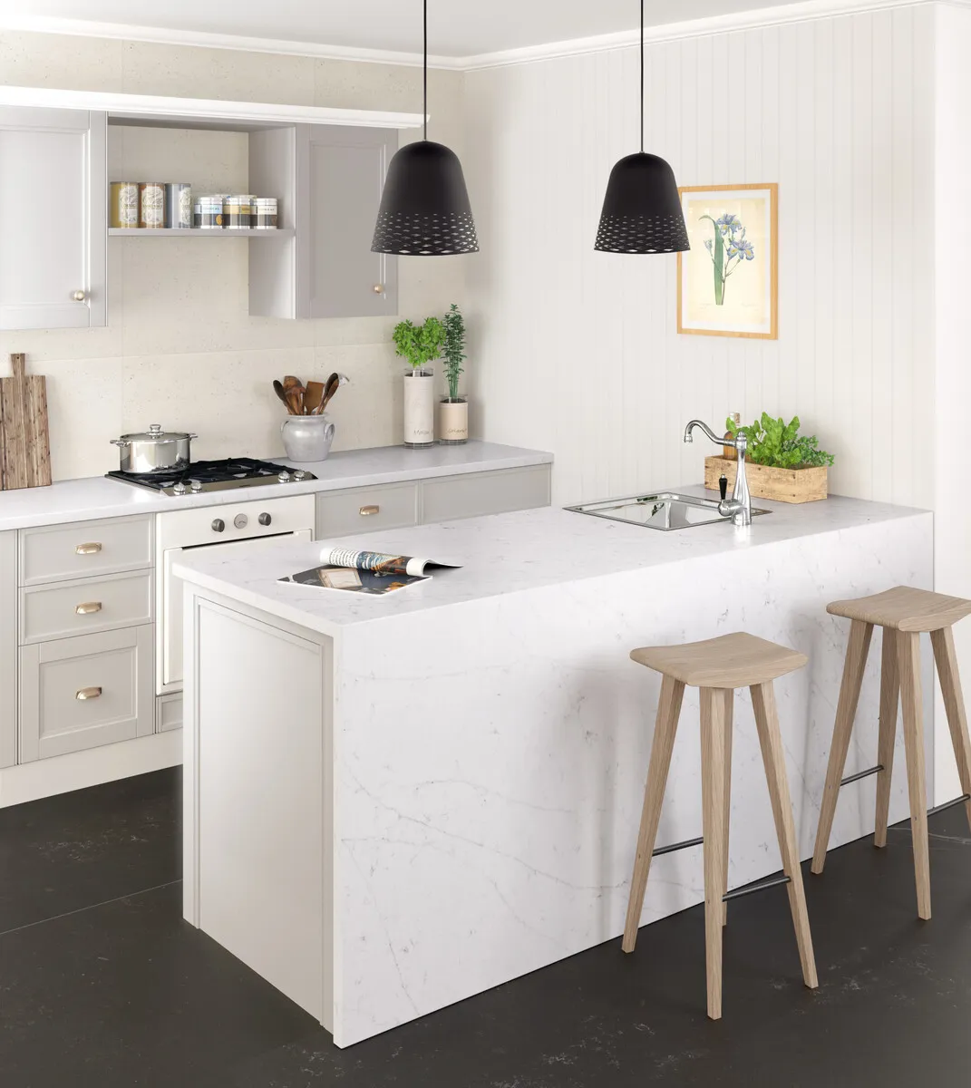 Image of installed Silestone Eternal Statuario White Quartz countertops