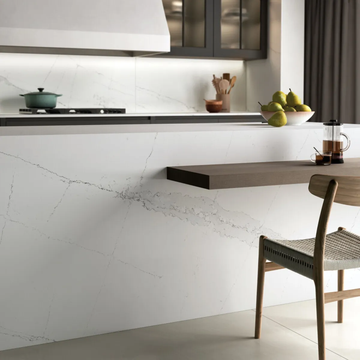 Image of installed Silestone Ethereal Dusk White Quartz countertops