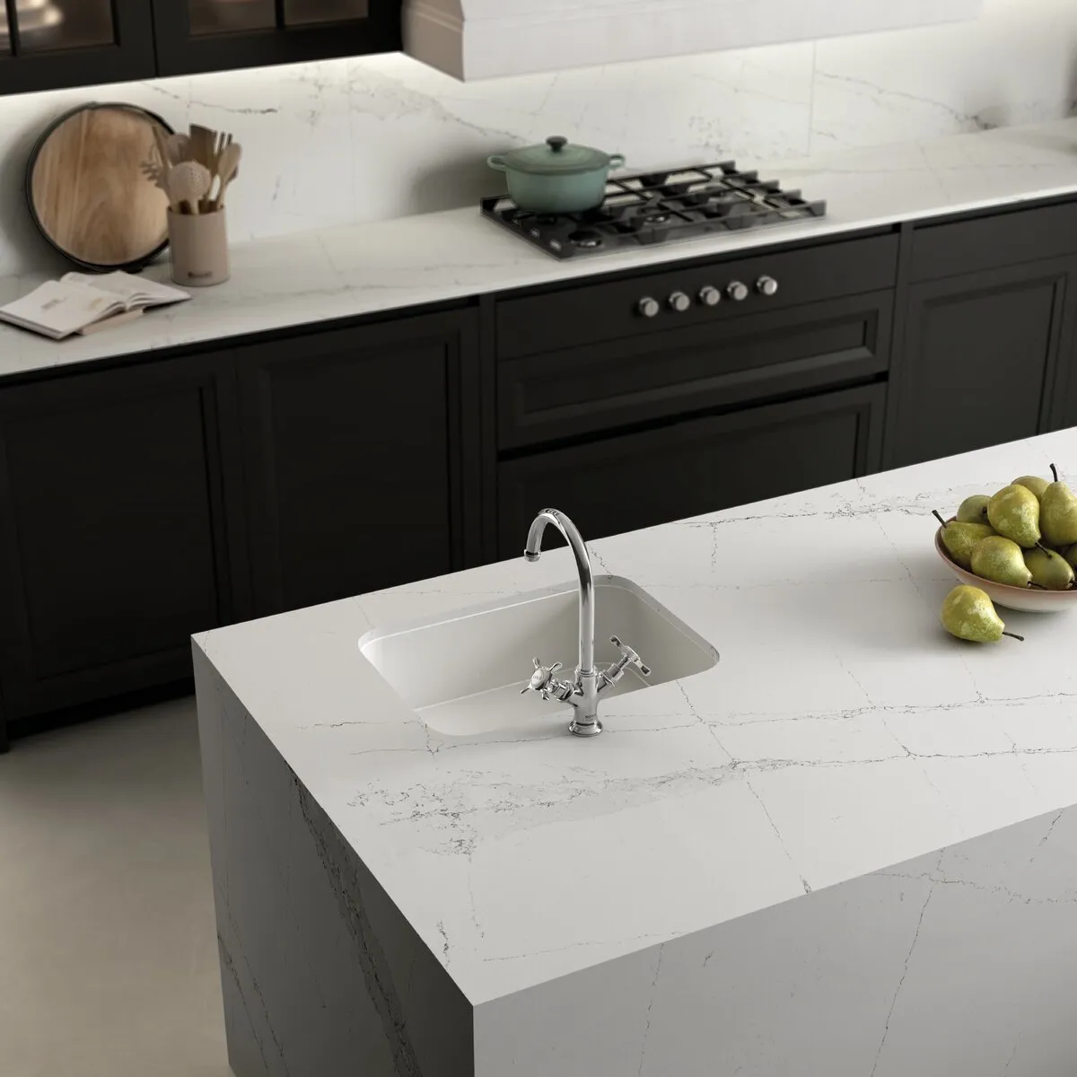 Image of installed Silestone Ethereal Dusk White Quartz countertops