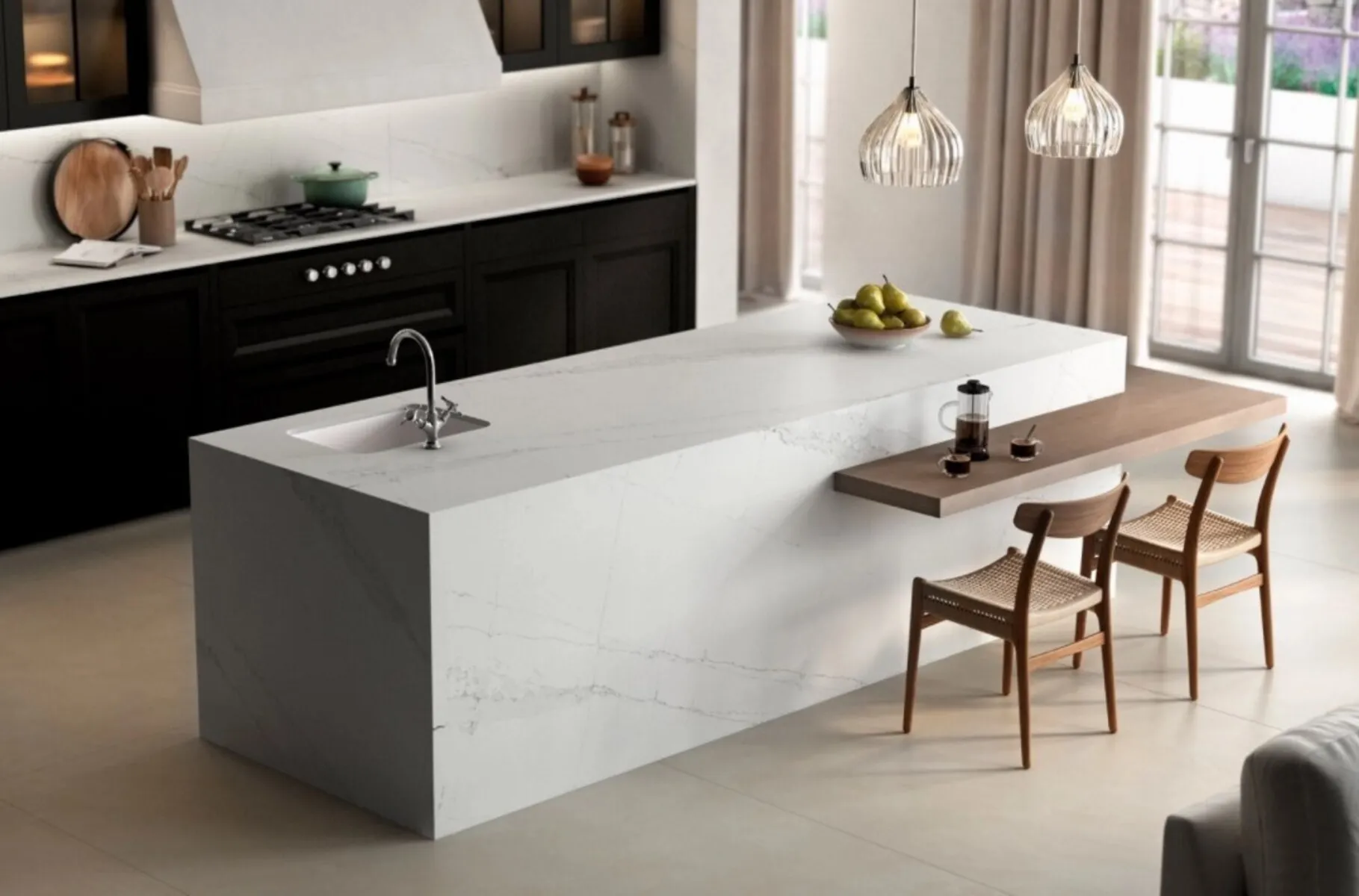 Image of installed Silestone Ethereal Dusk White Quartz countertops