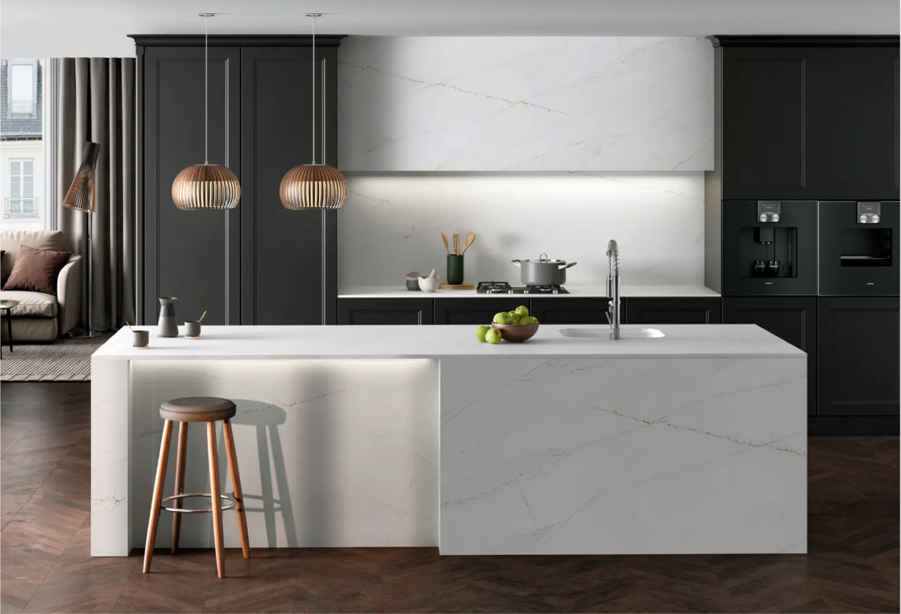 Image of installed Silestone Ethereal Glow White Quartz countertops