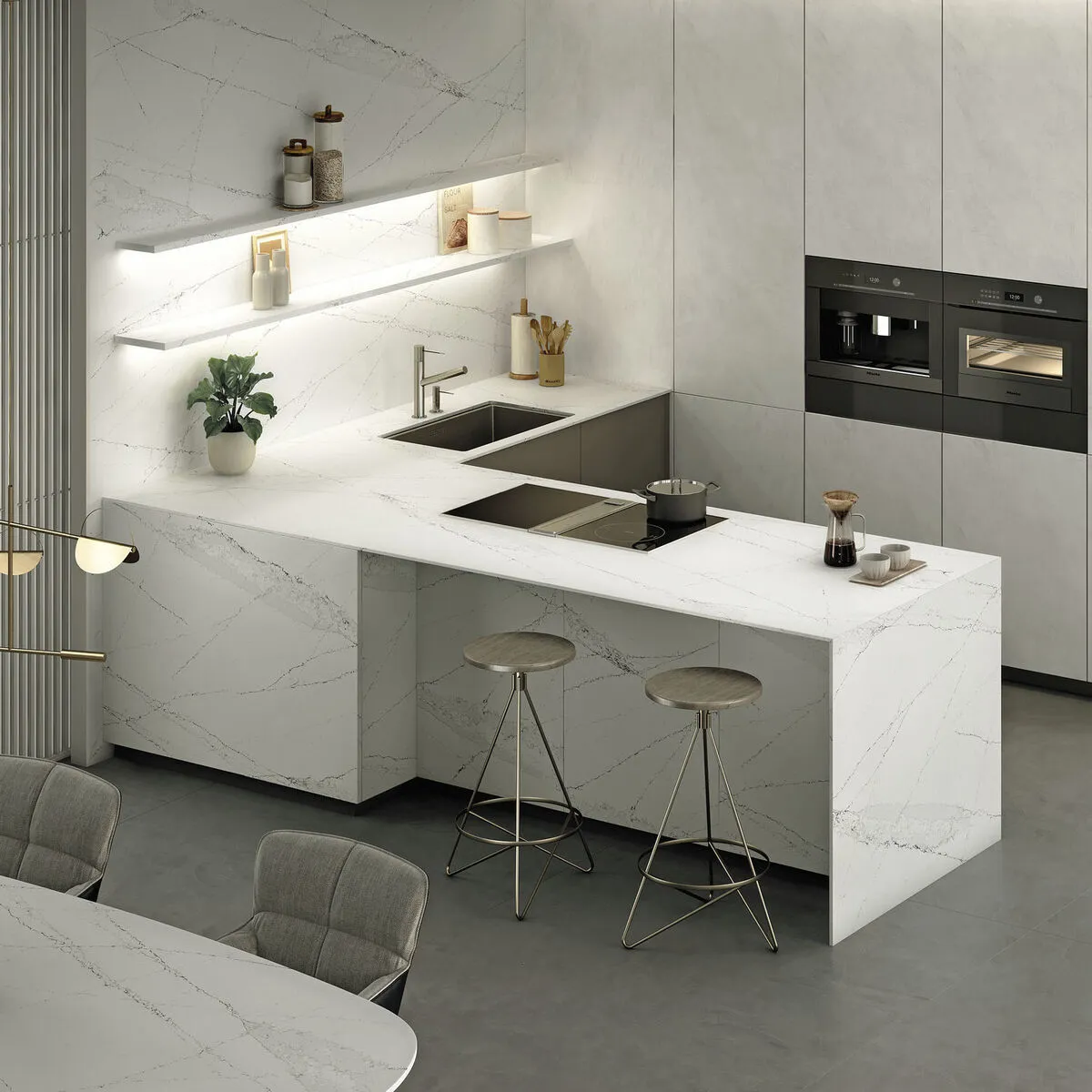 Image of installed Silestone Ethereal Haze White Quartz countertops