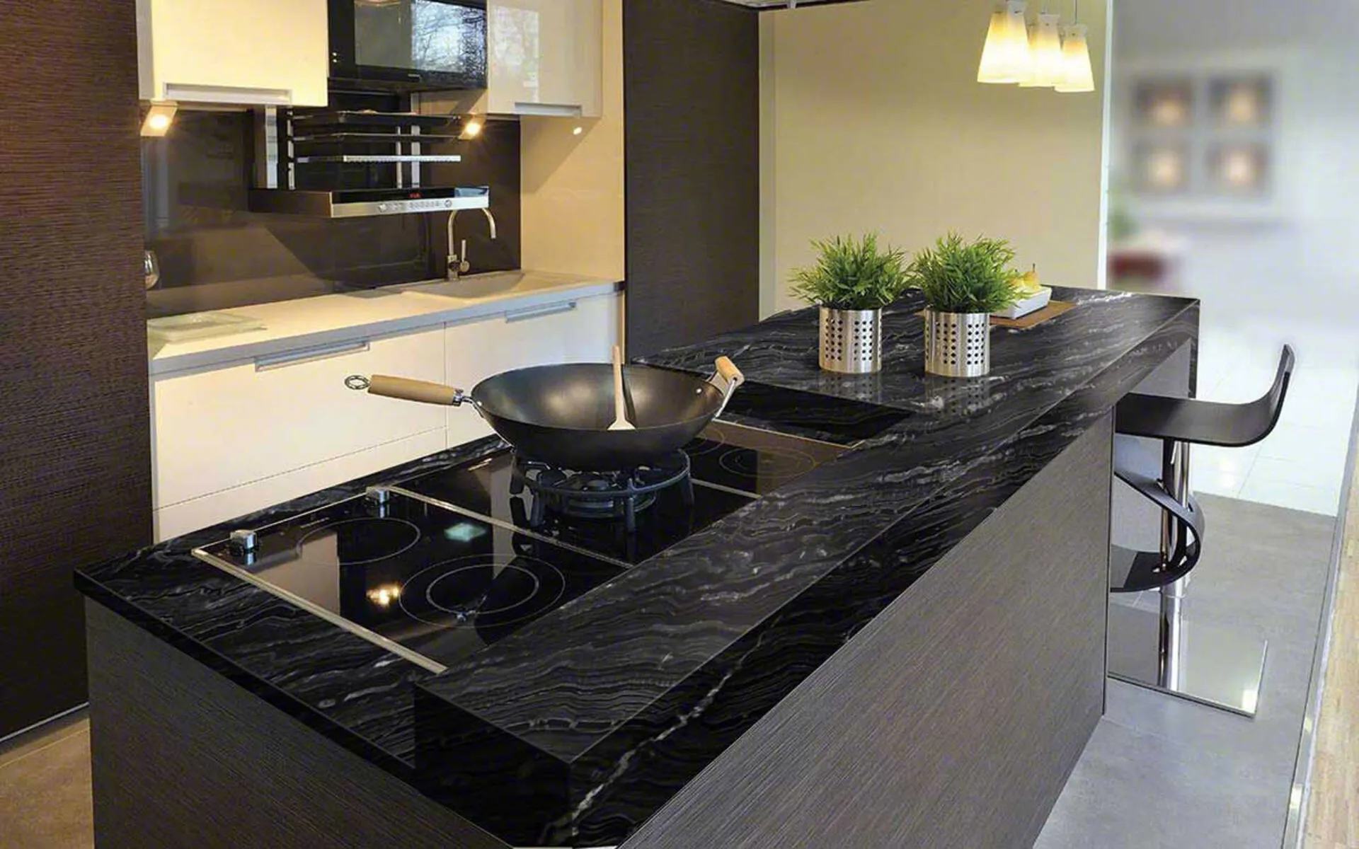 Image of installed Agatha Black Granite countertops