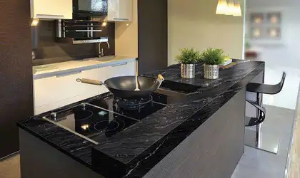 Image of installed Agatha Black Granite countertops