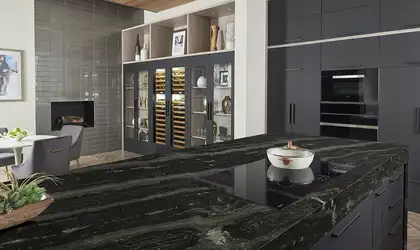 Image of installed Agatha Black Granite countertops