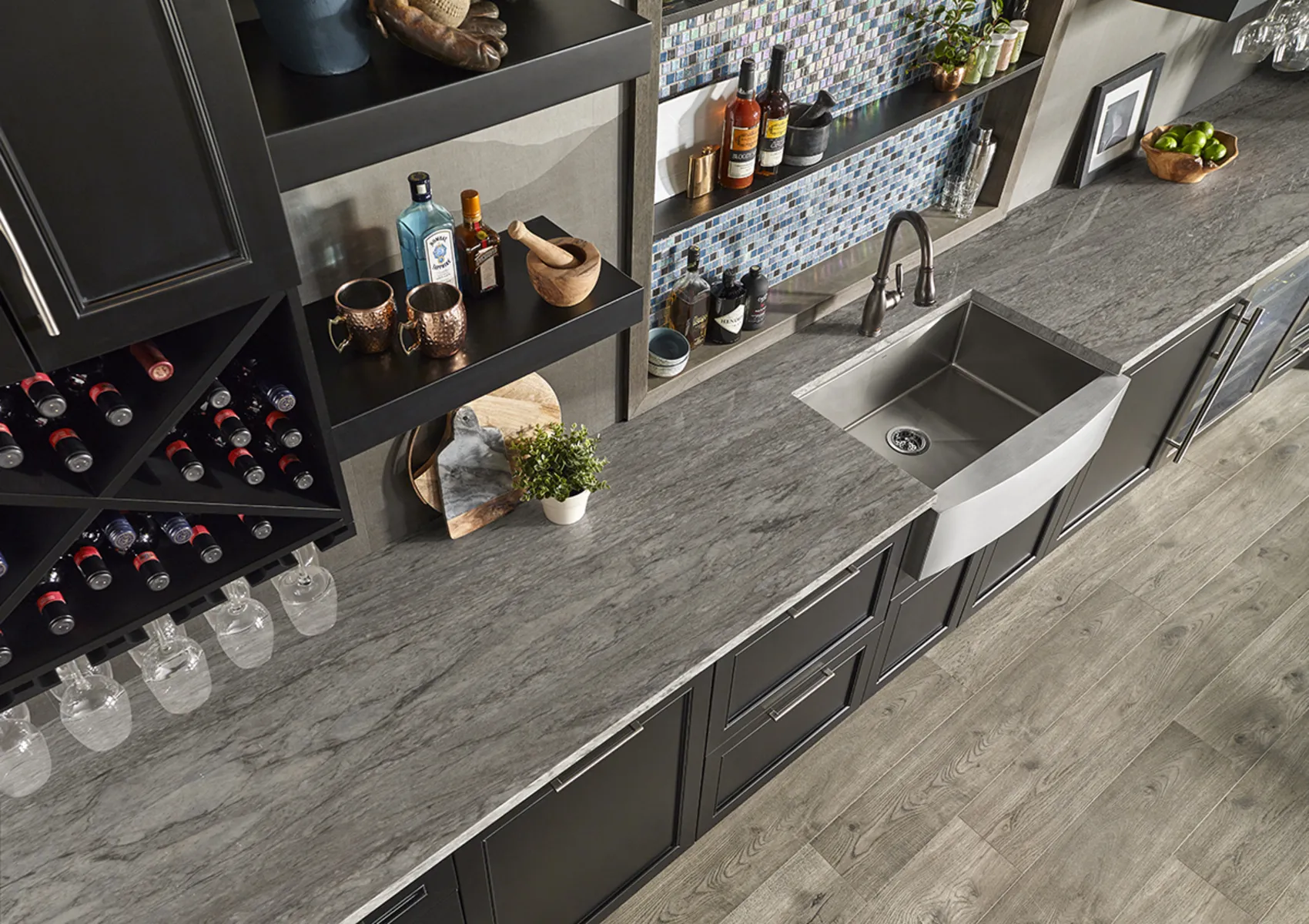 Image of installed Azul Celeste Granite countertops