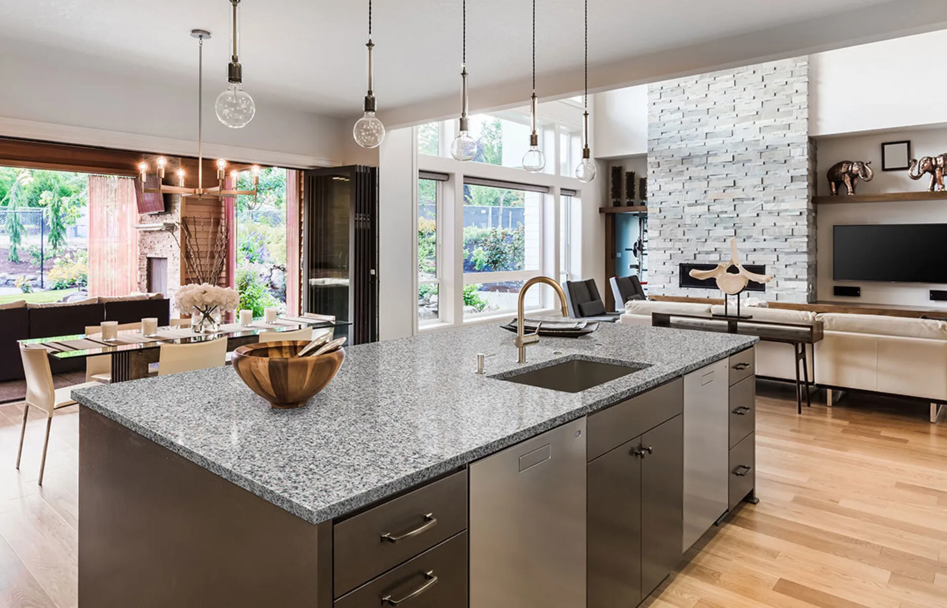 Image of installed Luna Pearl Granite countertops