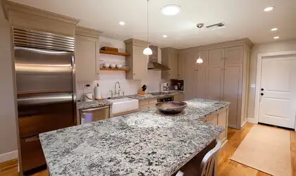 Image of installed Oyster White Grey Granite countertops
