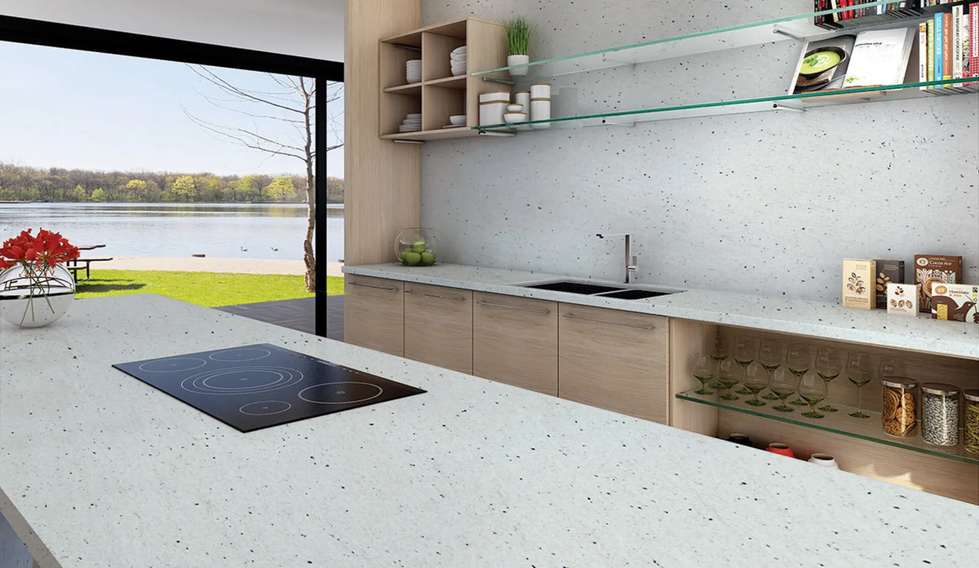 Image of installed Pitaya White Granite countertops