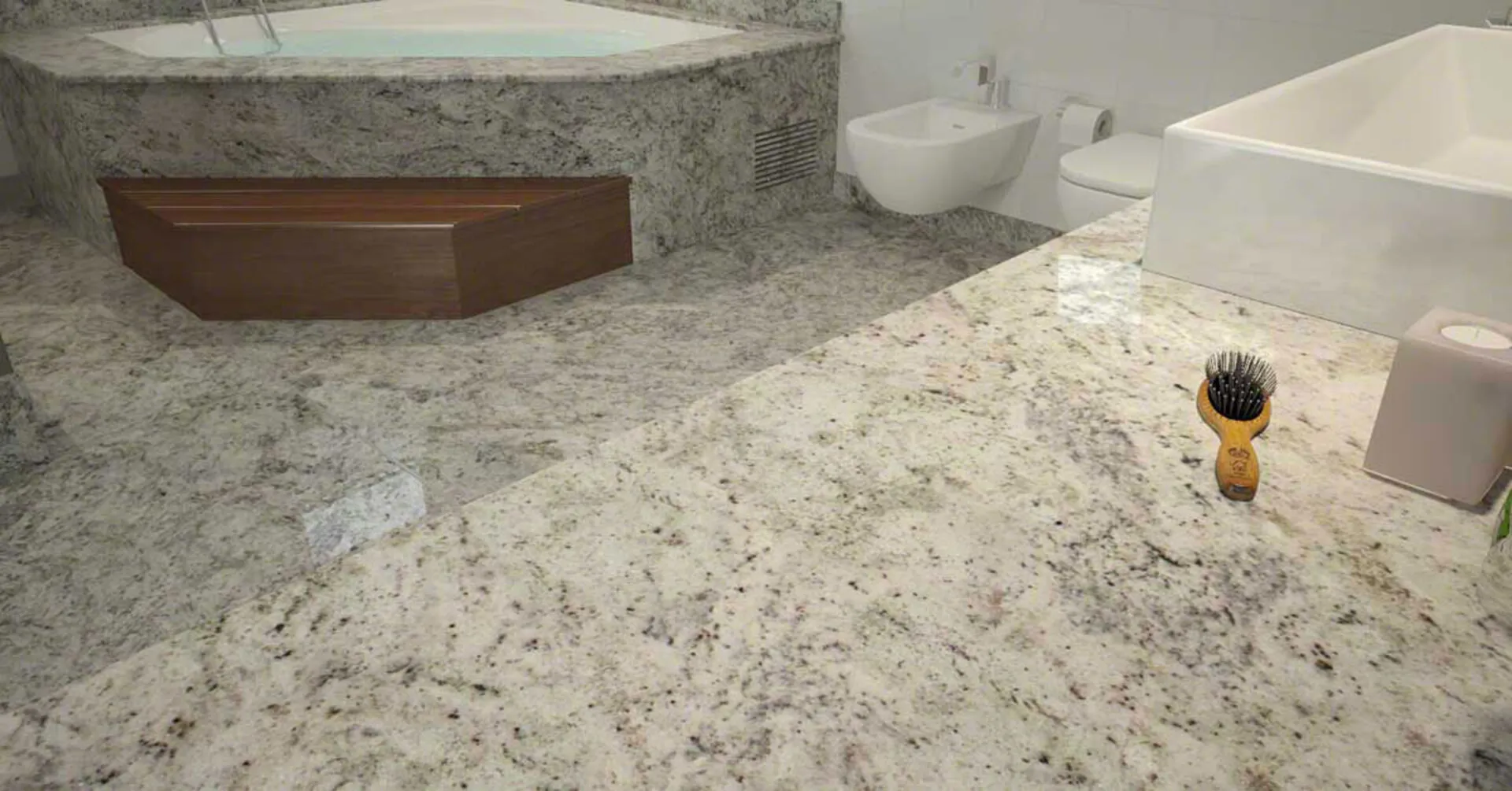 Image of installed Salinas White Grey Granite countertops