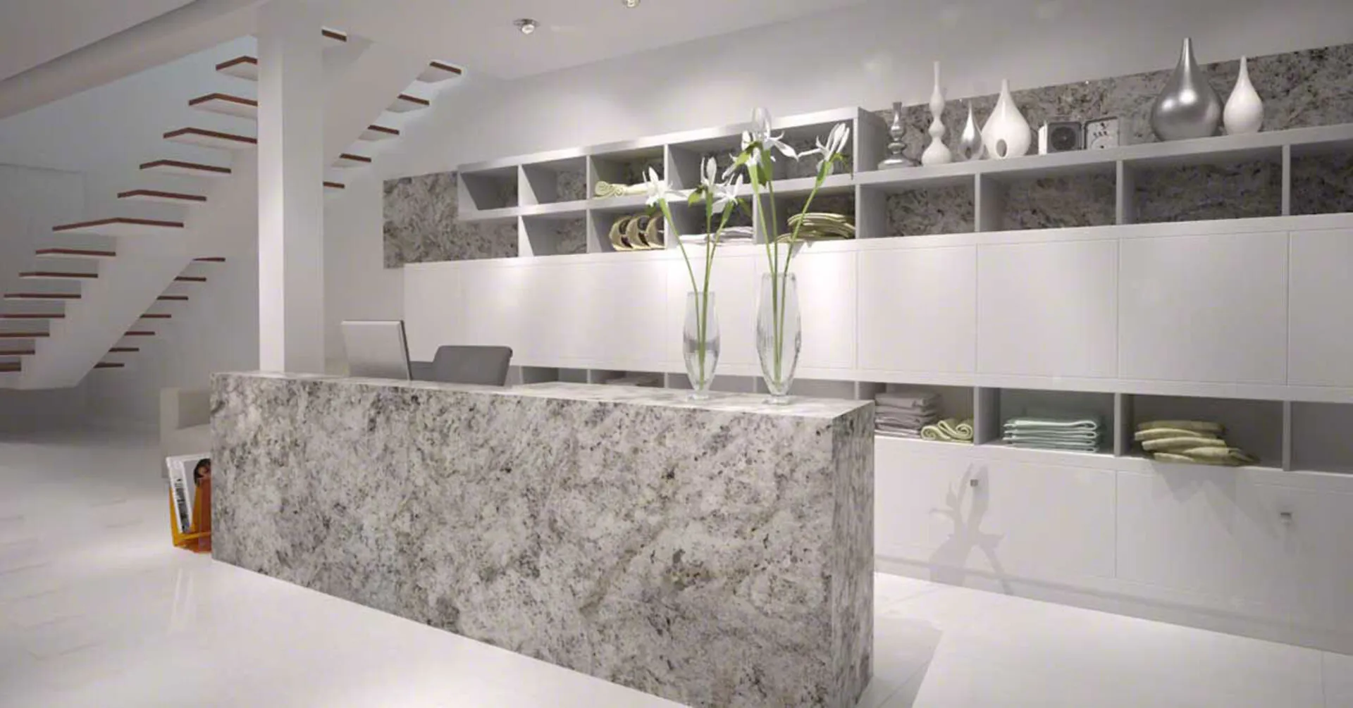 Image of installed Salinas White Grey Granite countertops