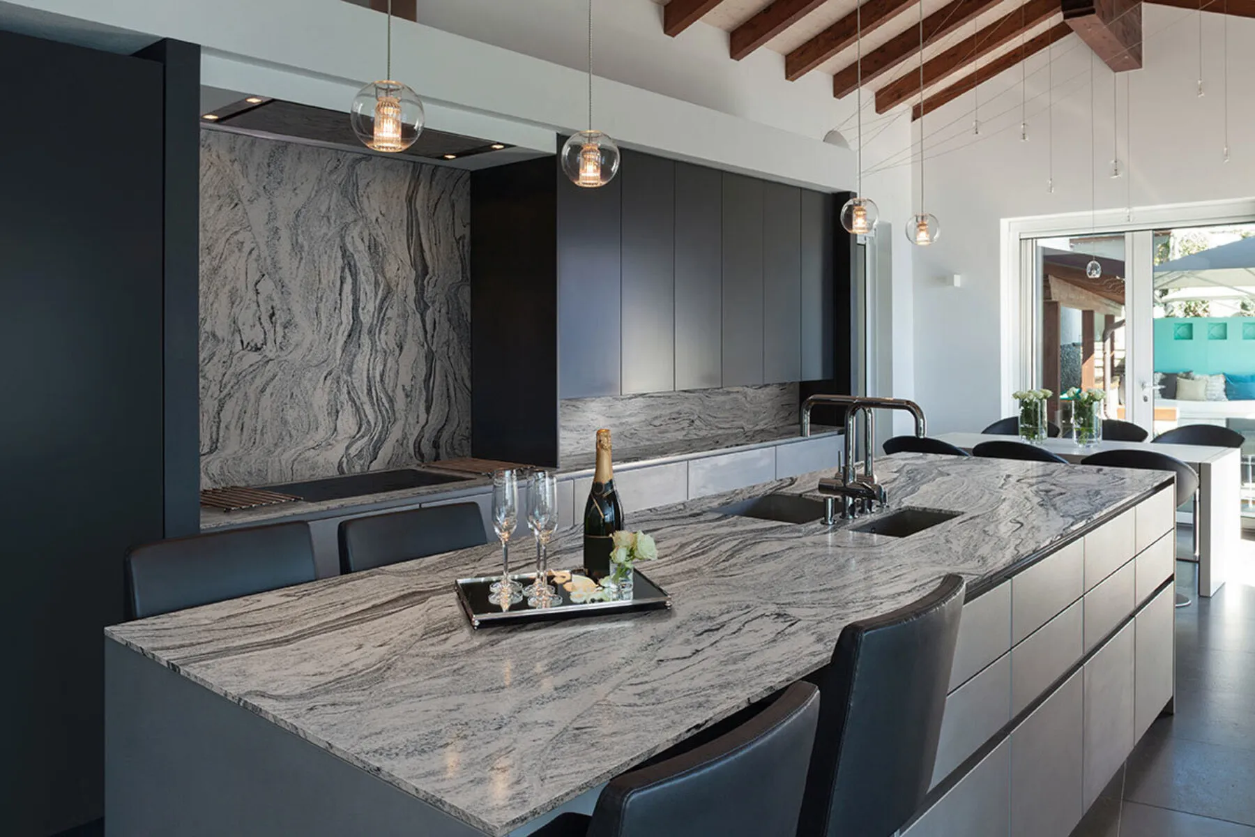 Image of installed Silver Cloud Granite countertops