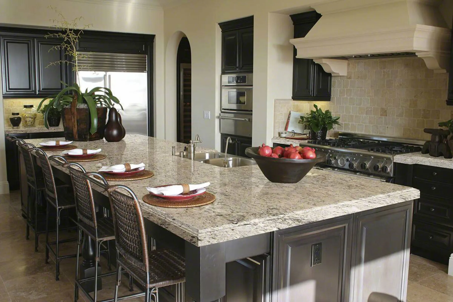 Image of installed Snowfall Brown Granite countertops