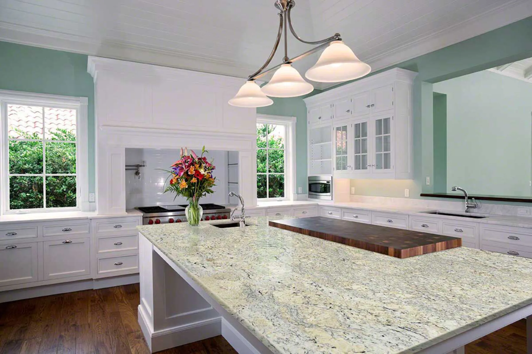 Image of installed White Ice Granite countertops