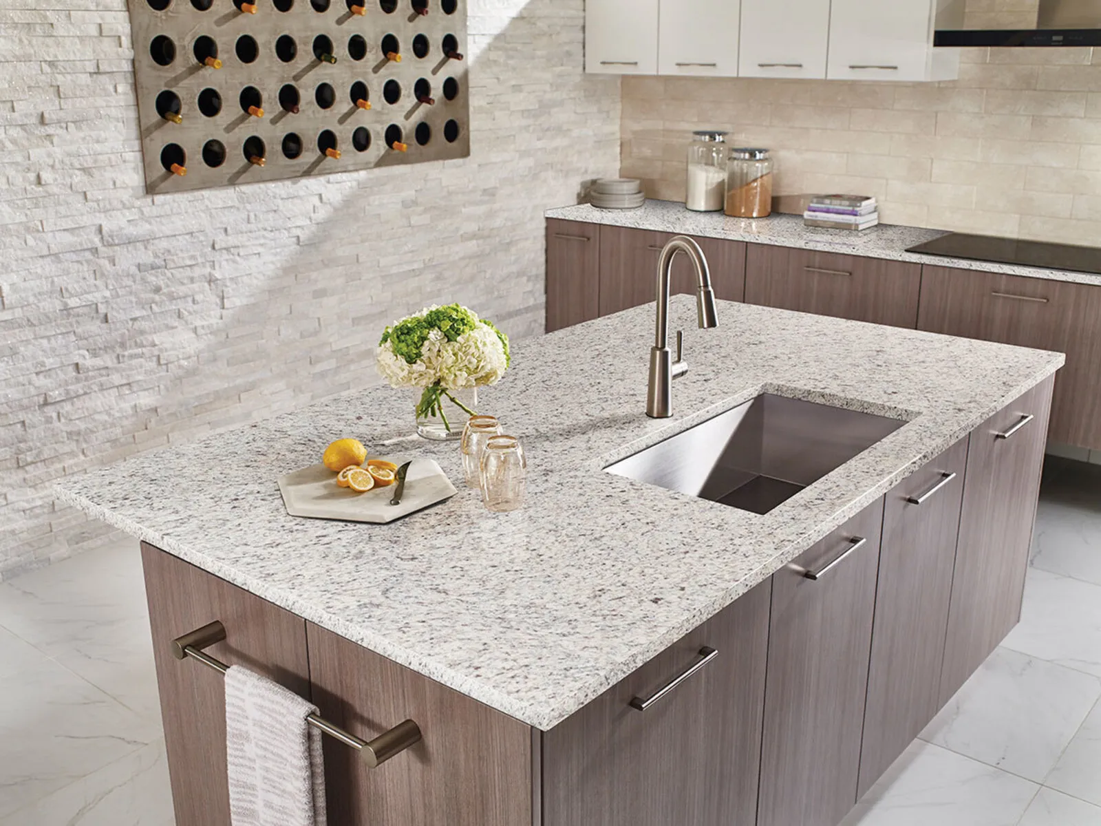 Image of installed White Ornamental Granite countertops