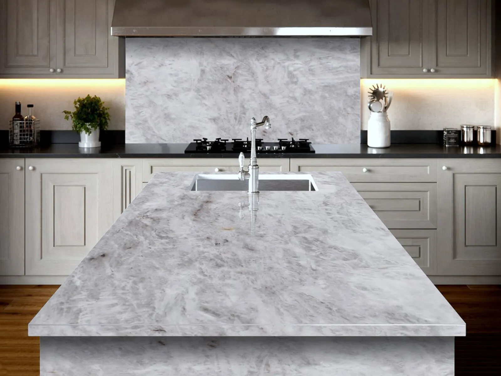 Image of installed Cristallo Grey Quartzite countertops