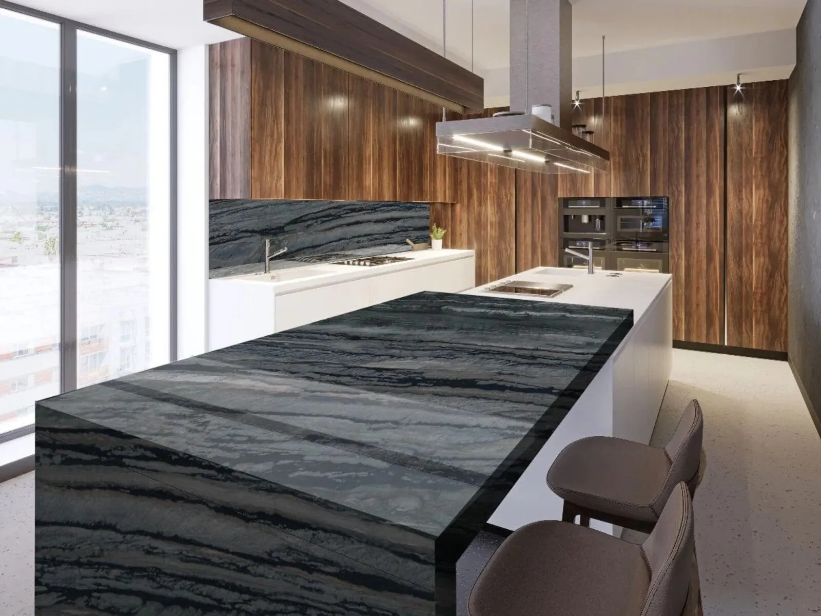 Image of installed Galapagos Grey Quartzite countertops
