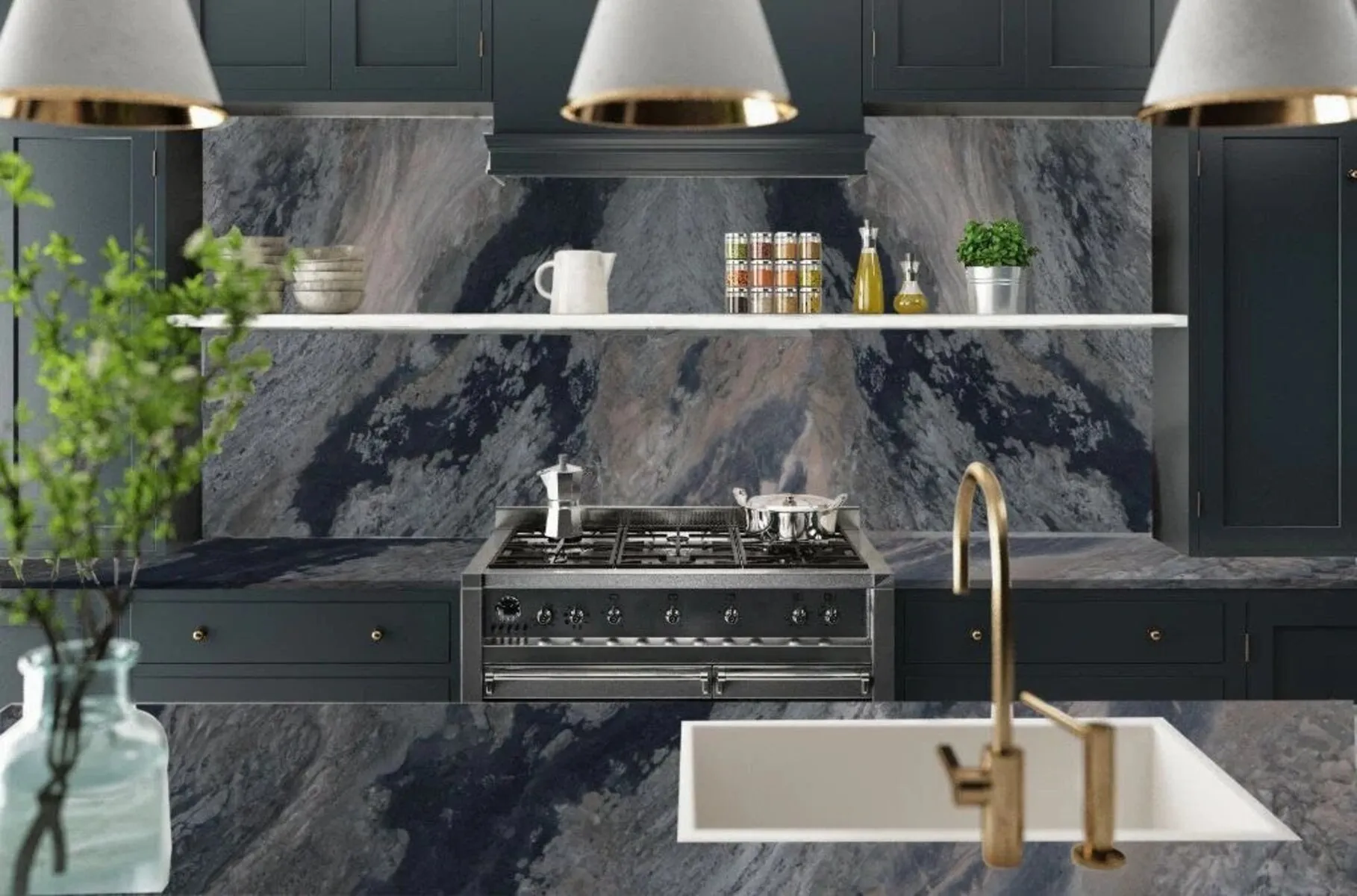 Image of installed Galapagos Grey Quartzite countertops