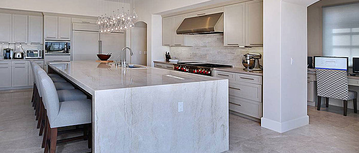Image of installed Taj Mahal Grey Quartzite countertops
