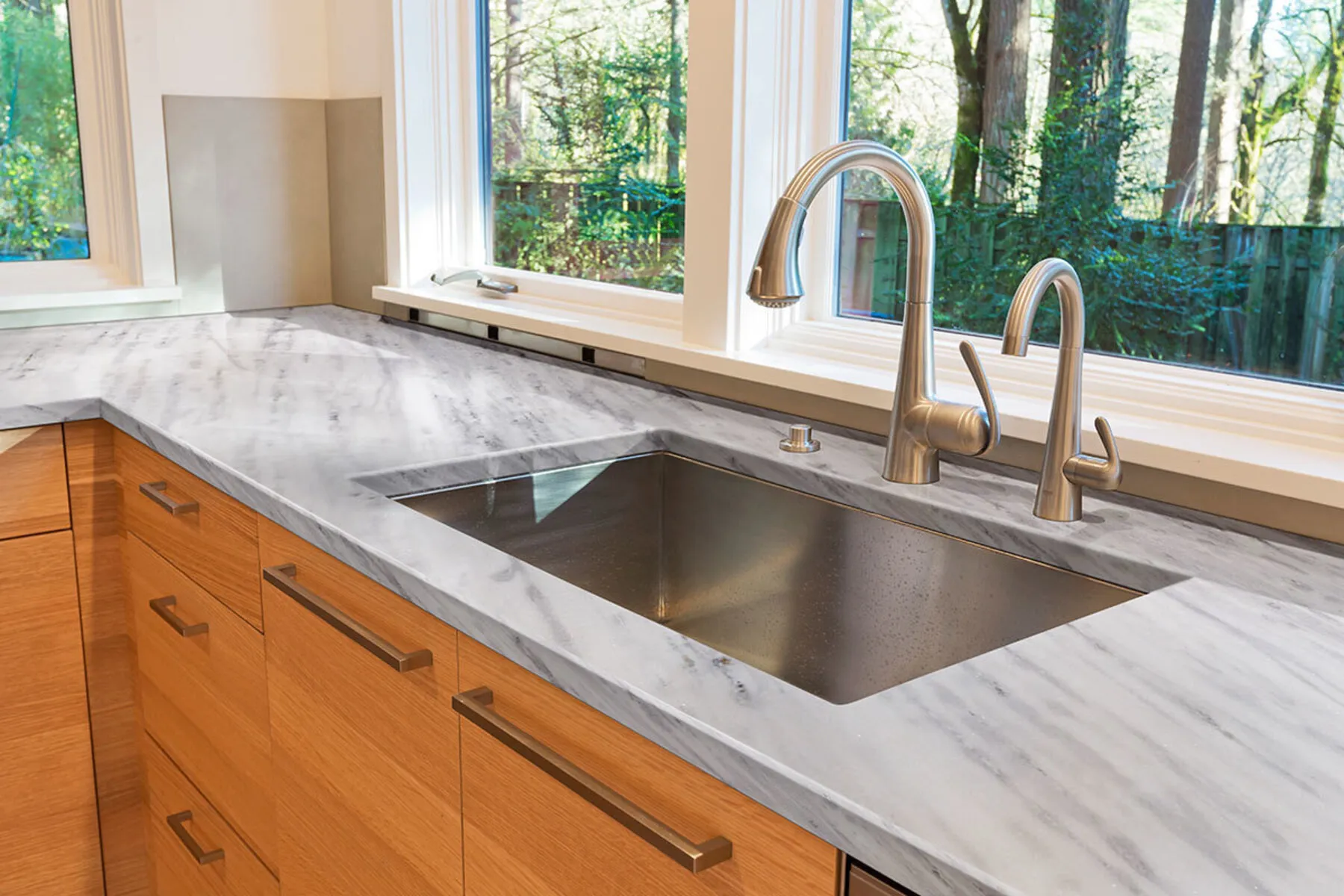 Image of installed Arabescus White Marble countertops