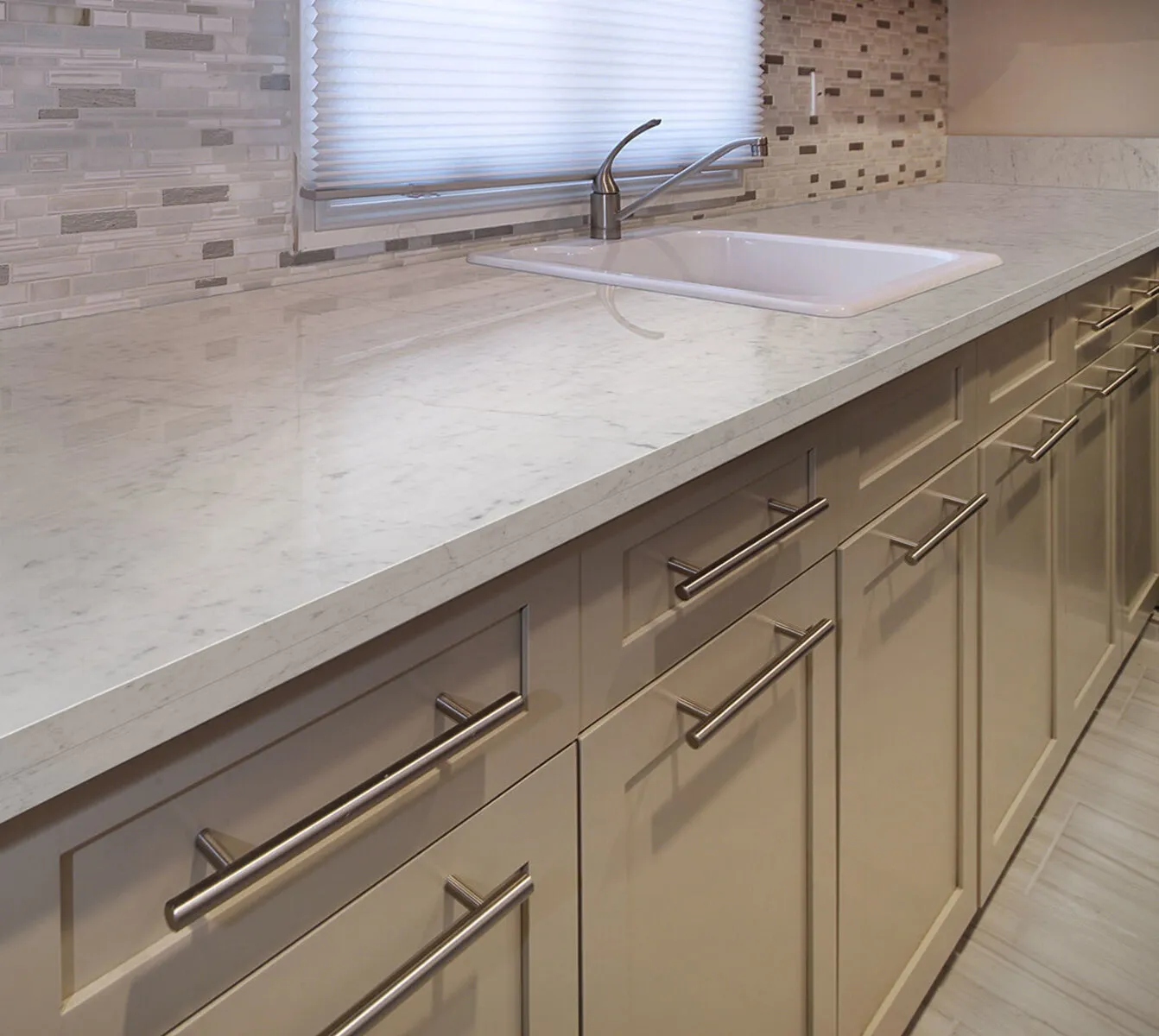 Image of installed Carrara White Marble countertops