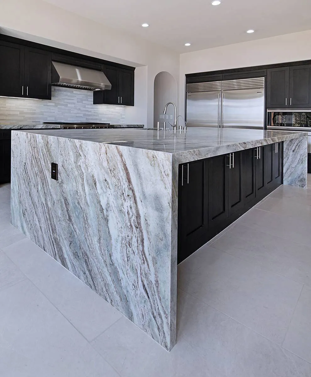 Image of installed Fantasy Brown Grey Marble countertops