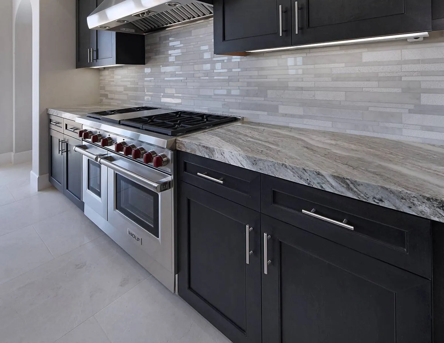 Image of installed Fantasy Brown Grey Marble countertops