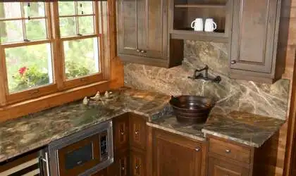 Image of installed Rainforest Green Marble countertops