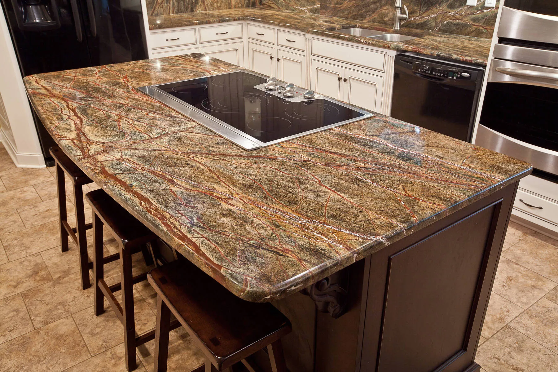 Image of installed Rainforest Green Marble countertops