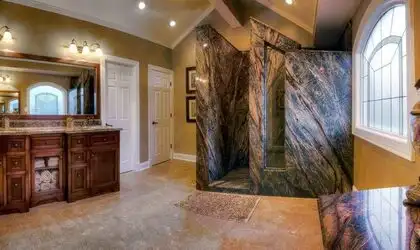 Image of installed Rainforest Green Marble countertops
