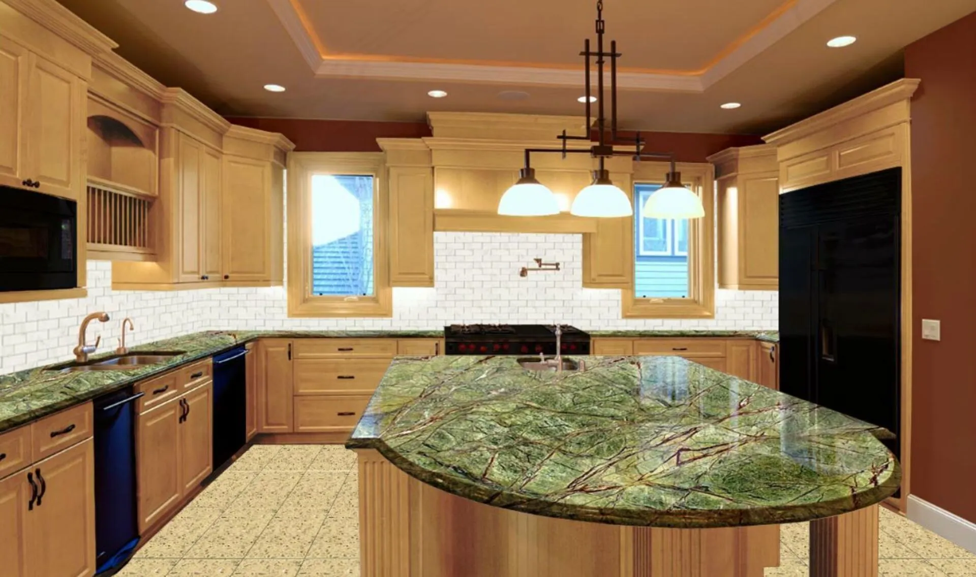 Image of installed Rainforest Green Marble countertops