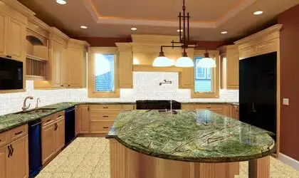 Image of installed Rainforest Green Marble countertops