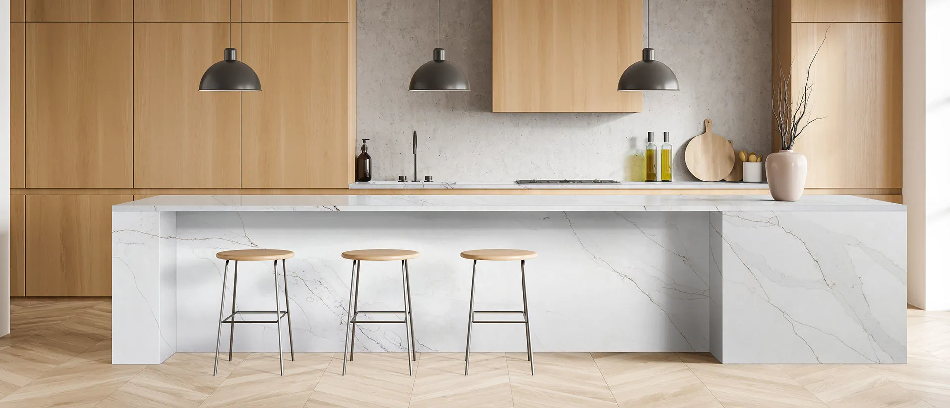 Image of installed Q Quartz Calacatta Abezzo Quartz countertops