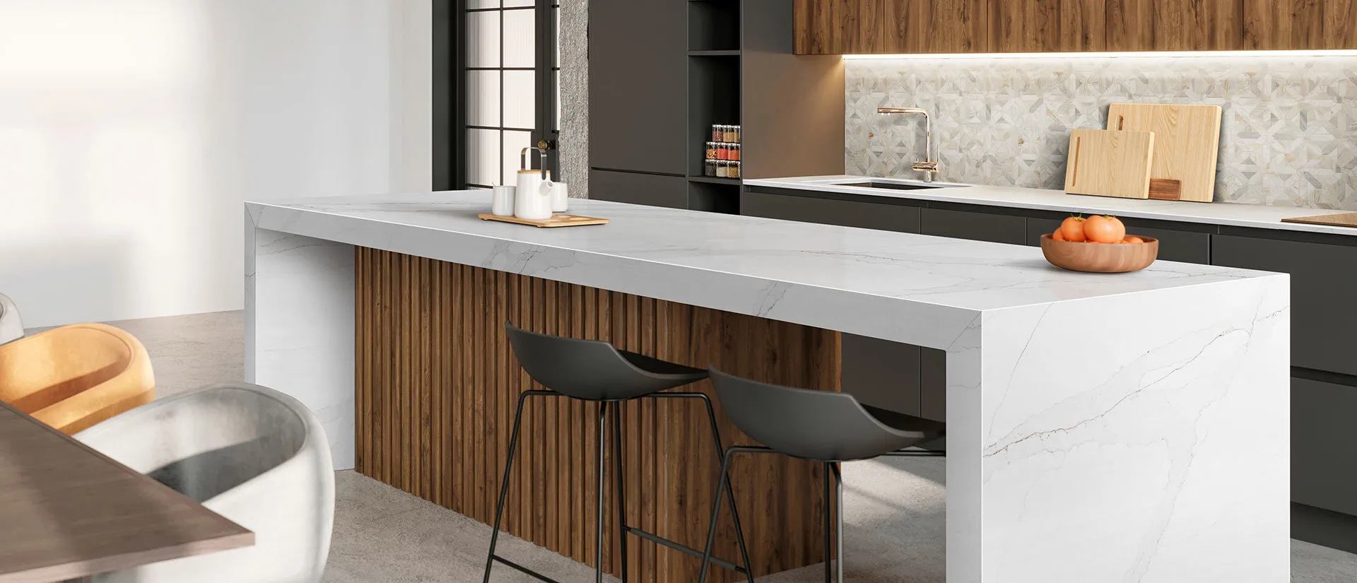 Image of installed Q Quartz Calacatta Abezzo Quartz countertops