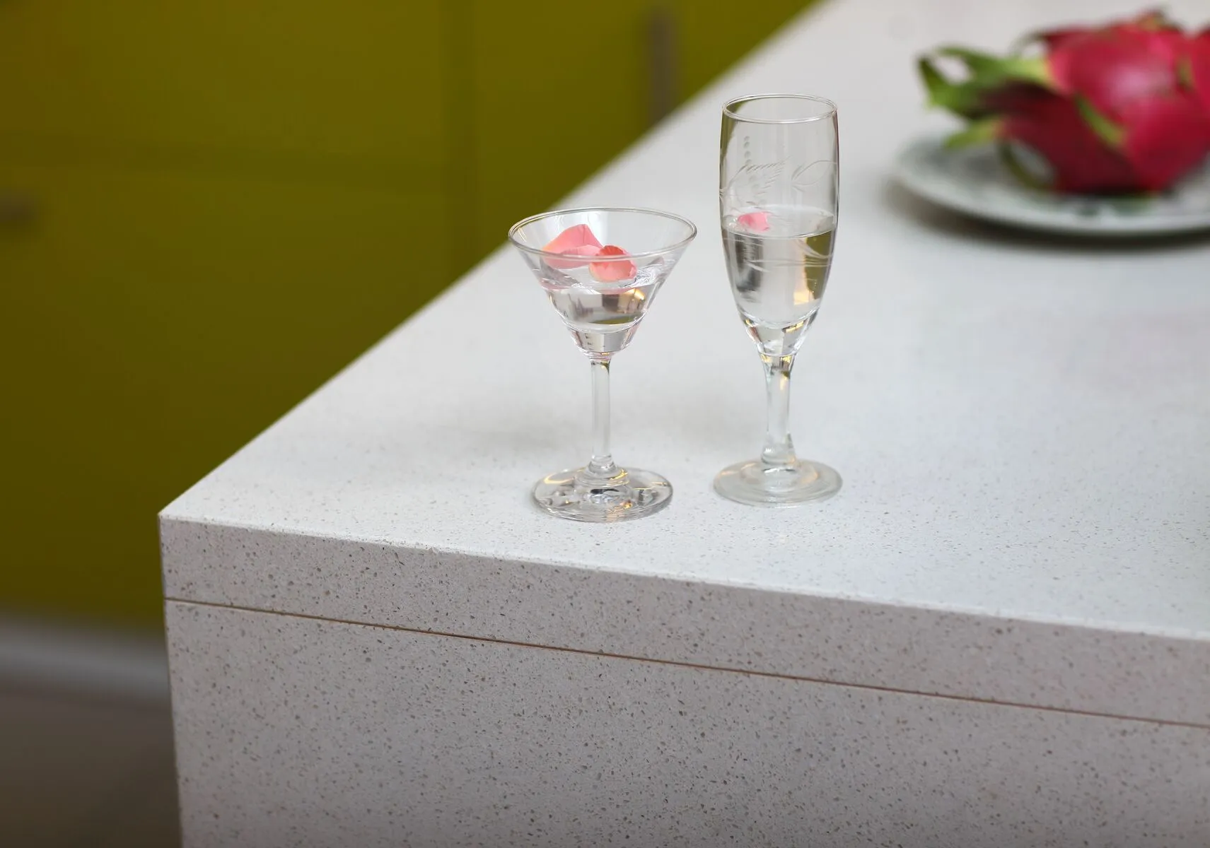 Image of installed Vicostone Crystal Ice Quartz countertops