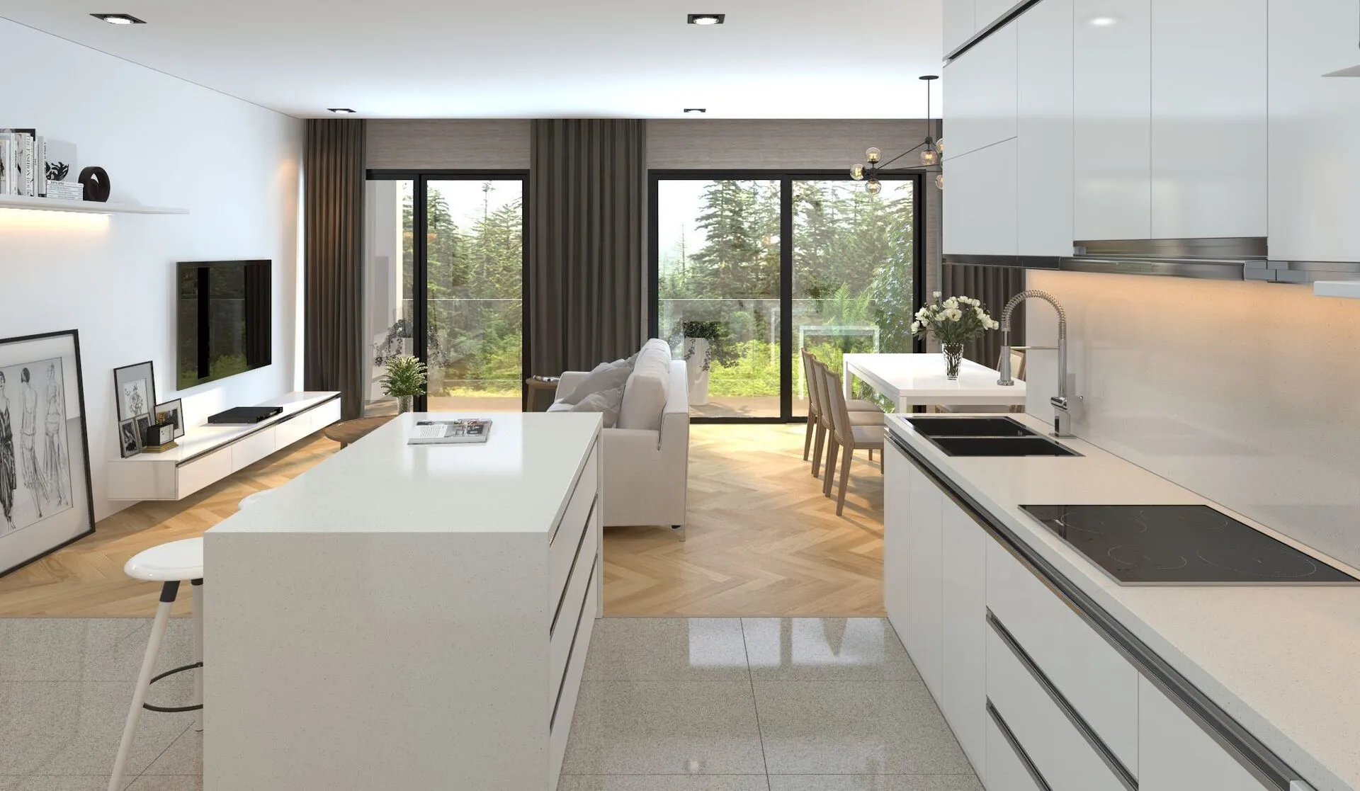 Image of installed Vicostone Crystal Ice Quartz countertops