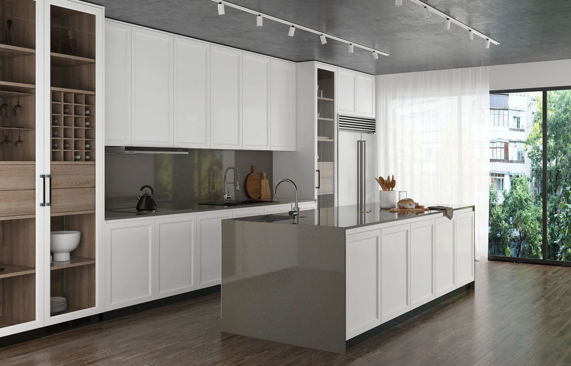 Image of installed Vicostone Smokey Quartz countertops